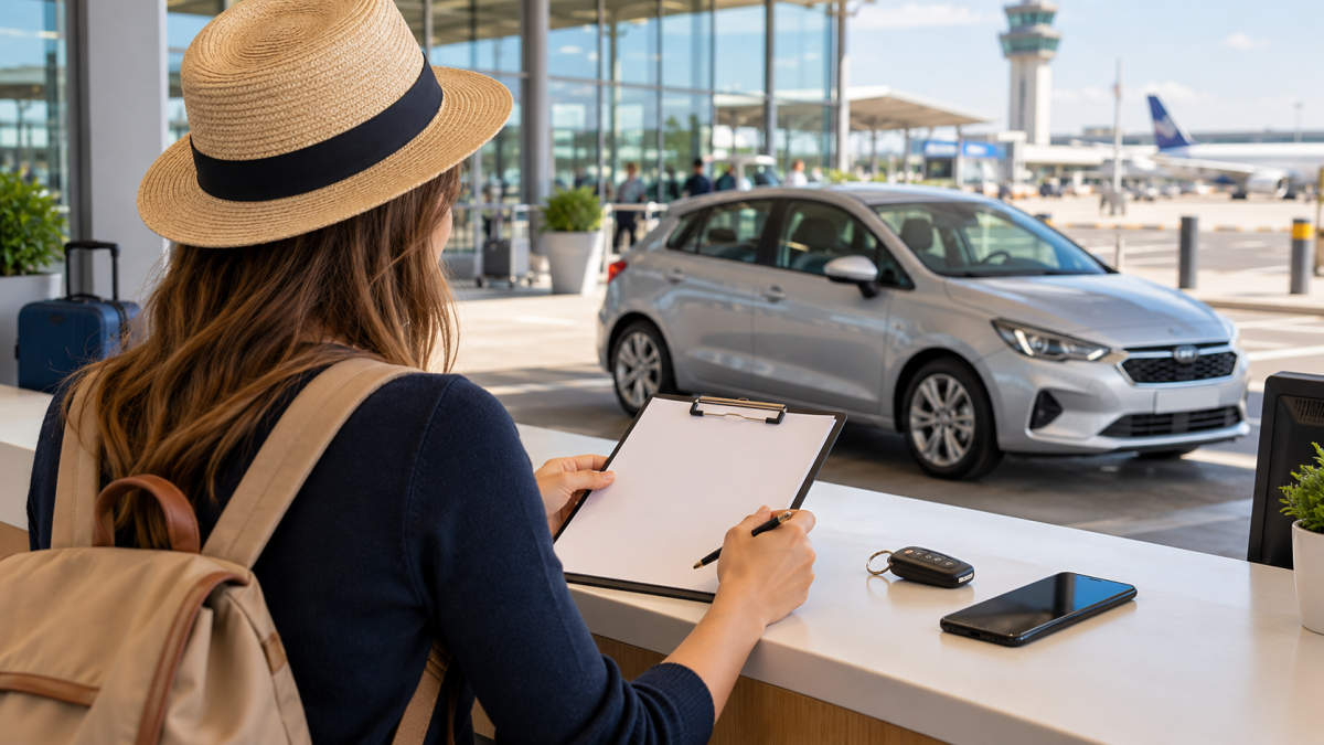 Putnica proverava ponudu za rent a car vozilo na aerodromu pored parkiranog automobila