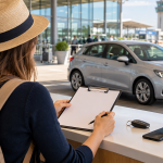 Putnica proverava ponudu za rent a car vozilo na aerodromu pored parkiranog automobila