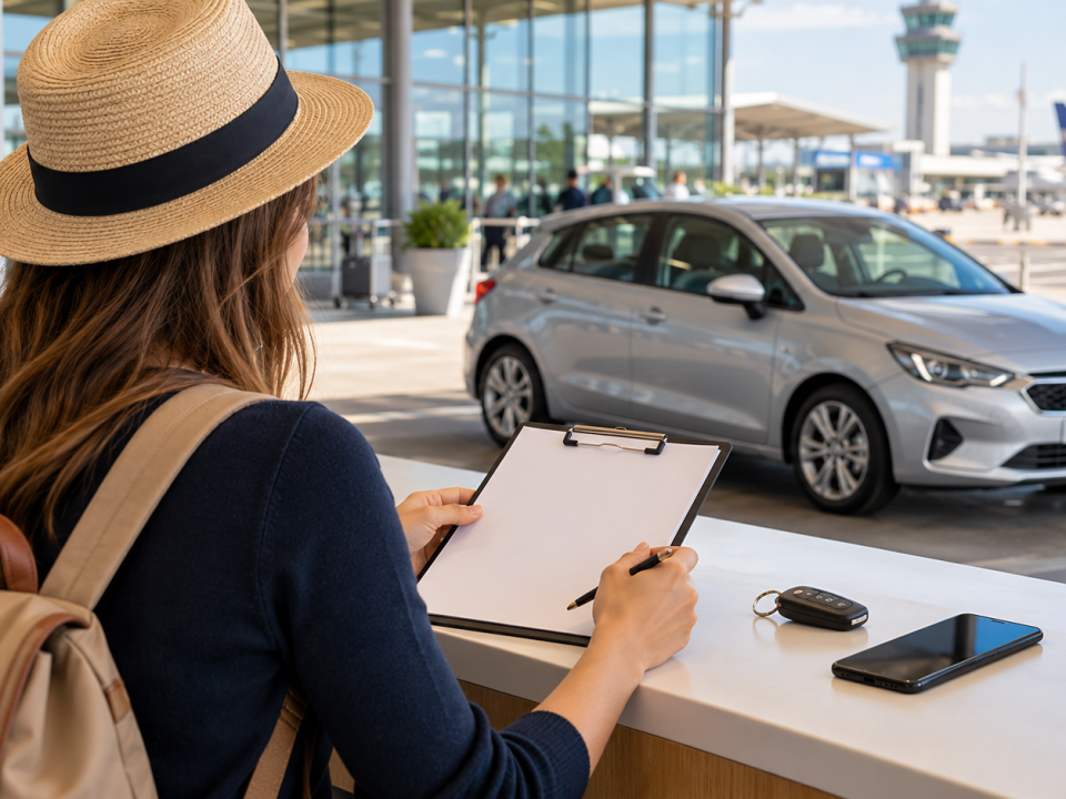 Putnica proverava ponudu za rent a car vozilo na aerodromu pored parkiranog automobila