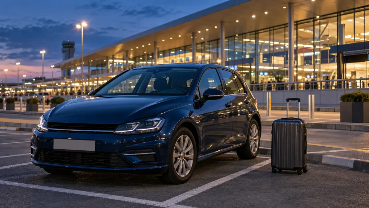 Tamnoplavi automobil i putni kofer ispred osvetljenog aerodromskog terminala uveče