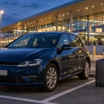 Tamnoplavi automobil i putni kofer ispred osvetljenog aerodromskog terminala uveče
