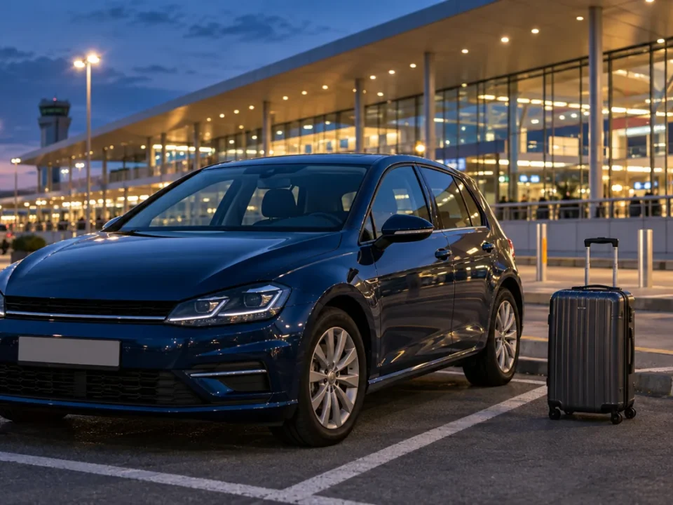 Tamnoplavi automobil i putni kofer ispred osvetljenog aerodromskog terminala uveče