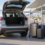 Srebrni automobil sa otvorenim prtljažnikom, koferima i sklopljenim dečjim kolicima na aerodromskom parkingu