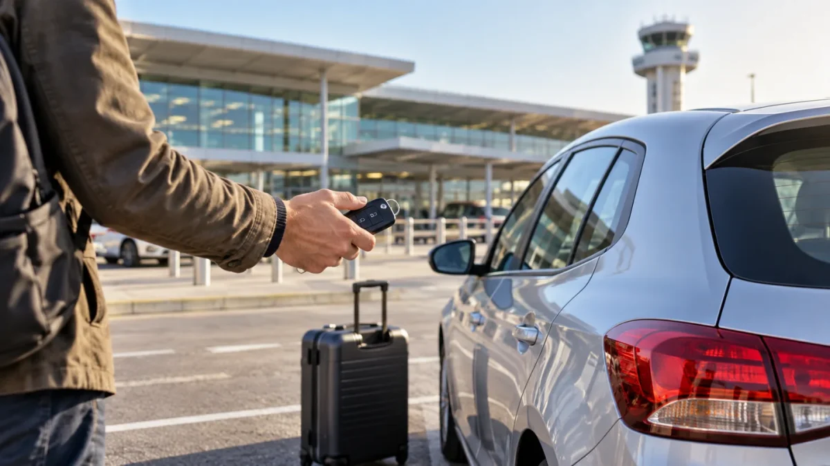 Putnik drži ključ pored srebrnog automobila i kofera na parkingu ispred aerodromskog terminala