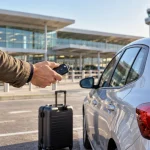 Putnik drži ključ pored srebrnog automobila i kofera na parkingu ispred aerodromskog terminala