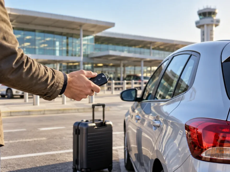 Putnik drži ključ pored srebrnog automobila i kofera na parkingu ispred aerodromskog terminala